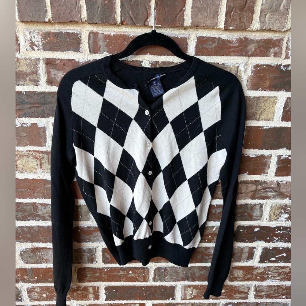Ralph Lauren Golf Argyle Black White Silk Cashmere Cardigan Size Medium - Picture 4 of 12